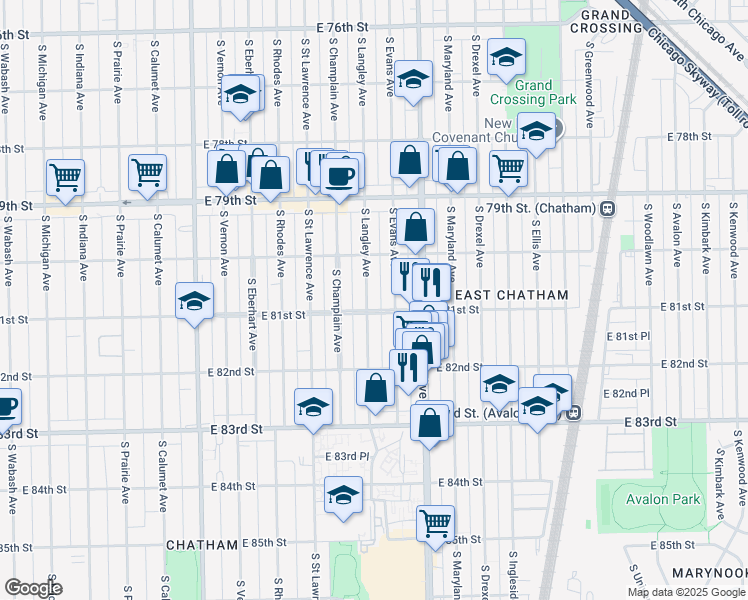 map of restaurants, bars, coffee shops, grocery stores, and more near 8049 South Langley Avenue in Chicago