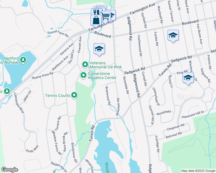 map of restaurants, bars, coffee shops, grocery stores, and more near 50 Briarwood Road in West Hartford