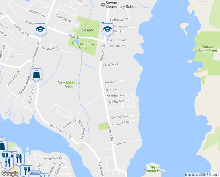 map of restaurants, bars, coffee shops, grocery stores, and more near 6 Burr Avenue in Barrington