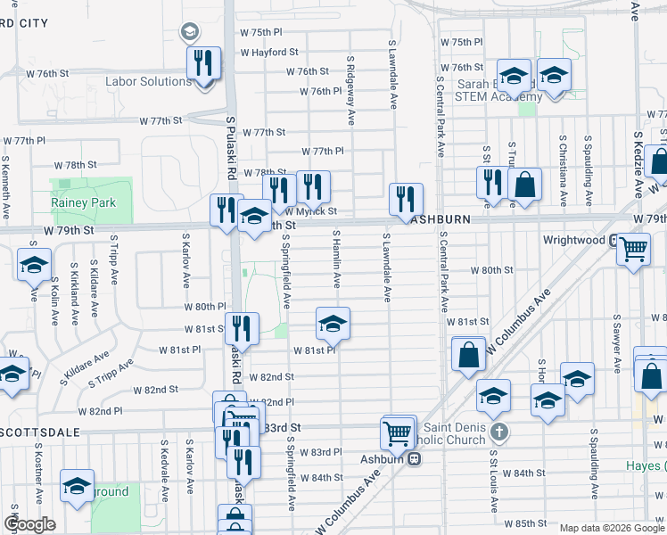 map of restaurants, bars, coffee shops, grocery stores, and more near 3800 West 80th Street in Chicago