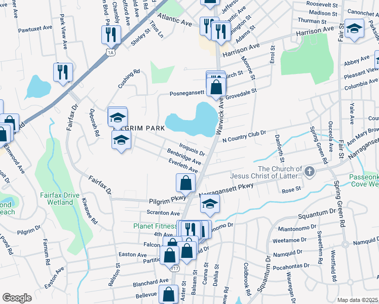 map of restaurants, bars, coffee shops, grocery stores, and more near 27 Iroquois Drive in Warwick