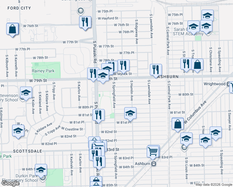 map of restaurants, bars, coffee shops, grocery stores, and more near 3836 West 80th Street in Chicago