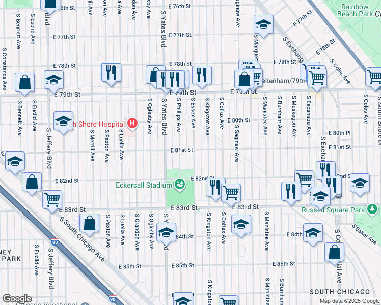 map of restaurants, bars, coffee shops, grocery stores, and more near 8102 South Essex Avenue in Chicago