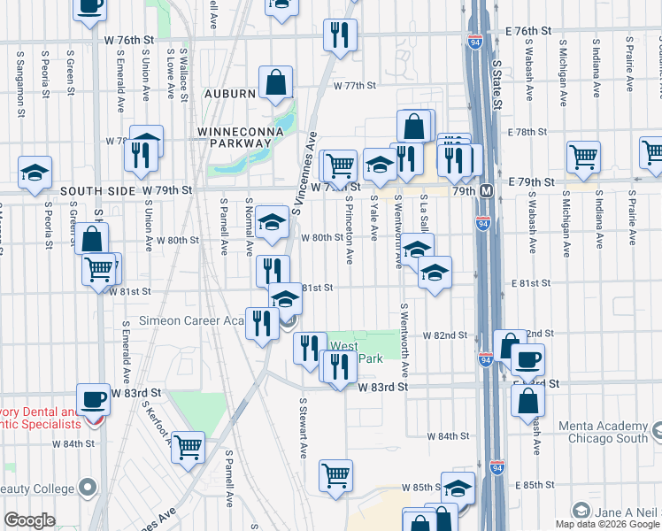 map of restaurants, bars, coffee shops, grocery stores, and more near 8033 South Harvard Avenue in Chicago