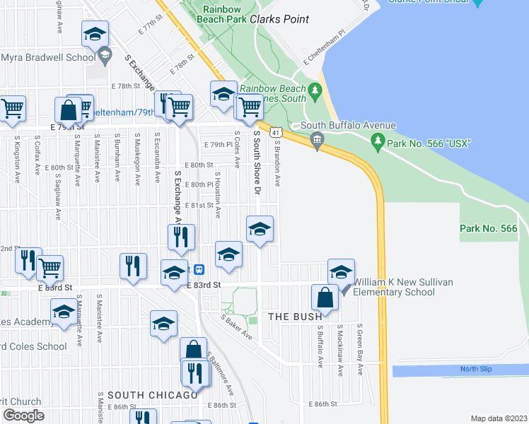map of restaurants, bars, coffee shops, grocery stores, and more near 8109 South South Shore Drive in Chicago