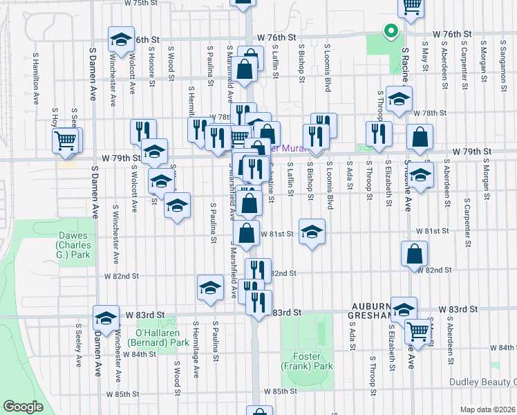map of restaurants, bars, coffee shops, grocery stores, and more near 8017 South Ashland Avenue in Chicago