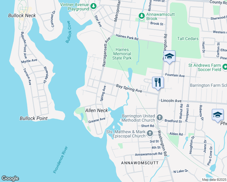 map of restaurants, bars, coffee shops, grocery stores, and more near 64 Lake Ave in Barrington