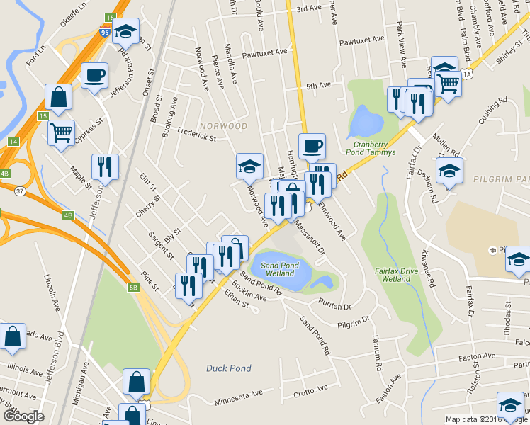 map of restaurants, bars, coffee shops, grocery stores, and more near 380 Norwood Avenue in Warwick