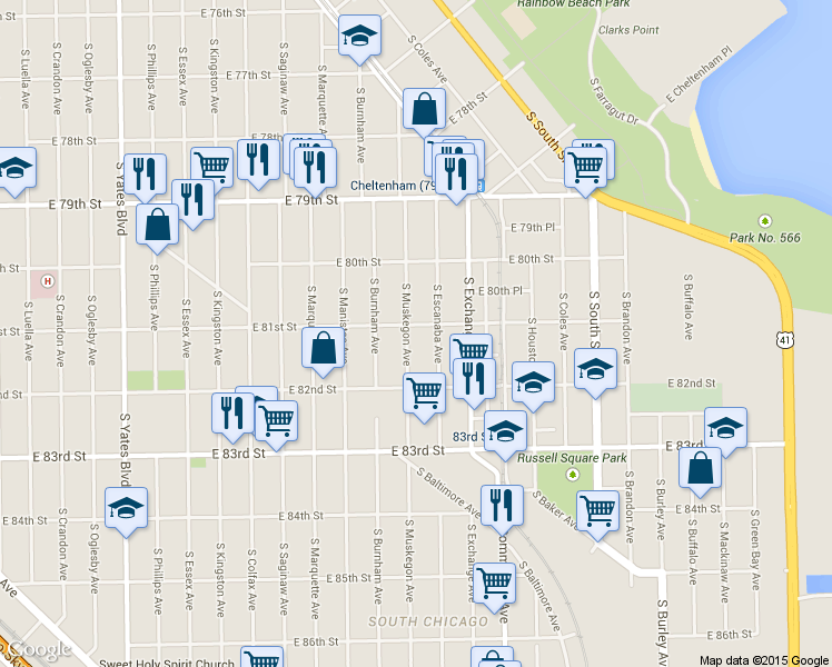 map of restaurants, bars, coffee shops, grocery stores, and more near 8107 South Muskegon Avenue in Chicago