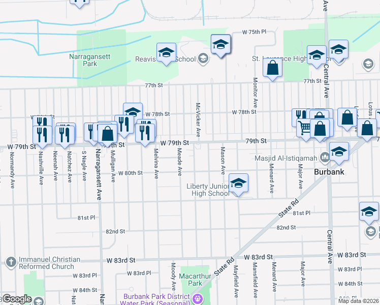map of restaurants, bars, coffee shops, grocery stores, and more near 7916 McVicker Avenue in Burbank