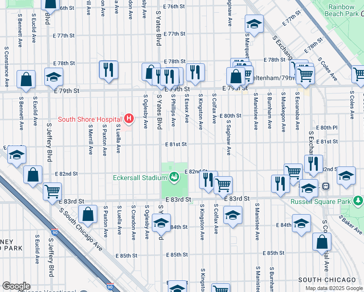 map of restaurants, bars, coffee shops, grocery stores, and more near 8100 South Essex Avenue in Chicago