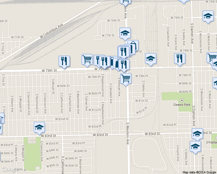 map of restaurants, bars, coffee shops, grocery stores, and more near 8004 S Campbell Ave in Chicago