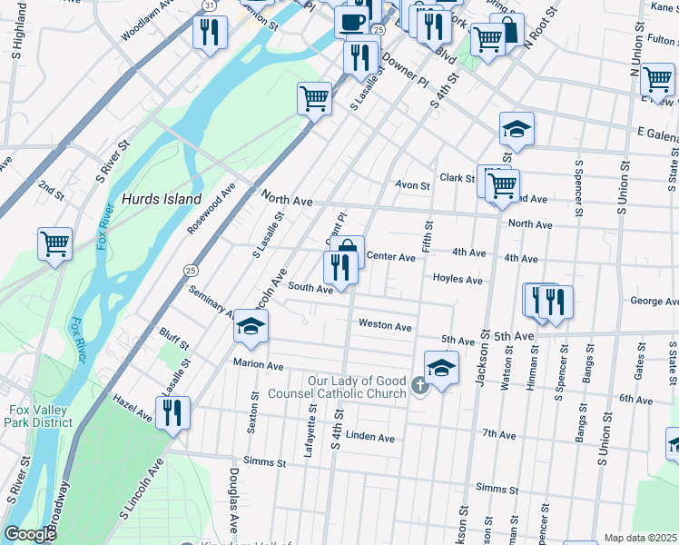 map of restaurants, bars, coffee shops, grocery stores, and more near 417 Sperry Court in Aurora