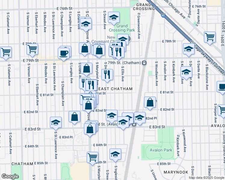 map of restaurants, bars, coffee shops, grocery stores, and more near 922 East 81st Street in Chicago