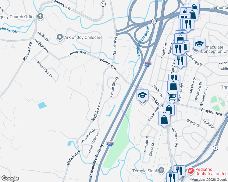 map of restaurants, bars, coffee shops, grocery stores, and more near 56 Locust Glen Dr in Cranston