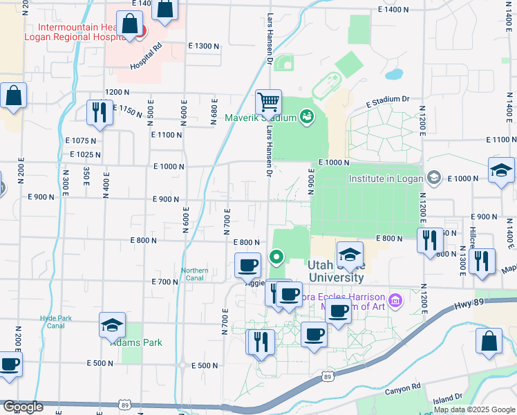 map of restaurants, bars, coffee shops, grocery stores, and more near 899 North 800 East in Logan