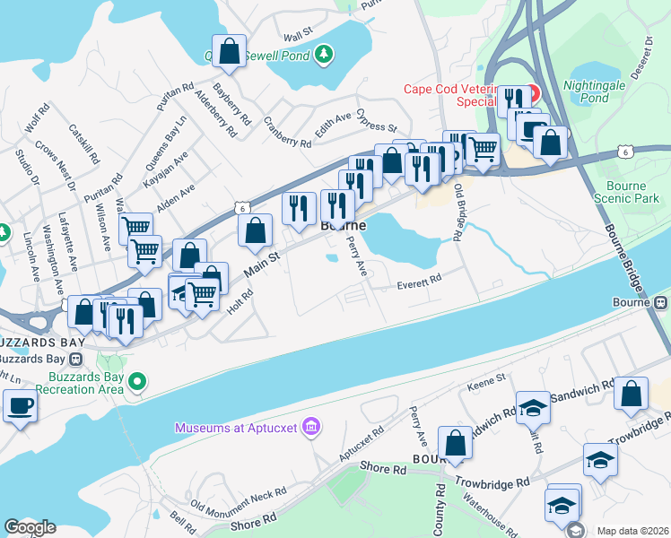 map of restaurants, bars, coffee shops, grocery stores, and more near 19A Bayberry Road in Bourne