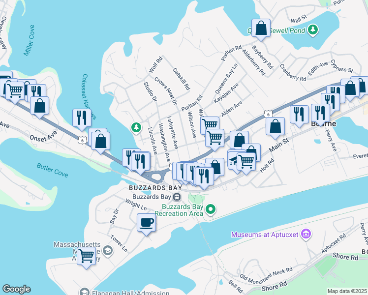 map of restaurants, bars, coffee shops, grocery stores, and more near 12 Center Avenue in Bourne