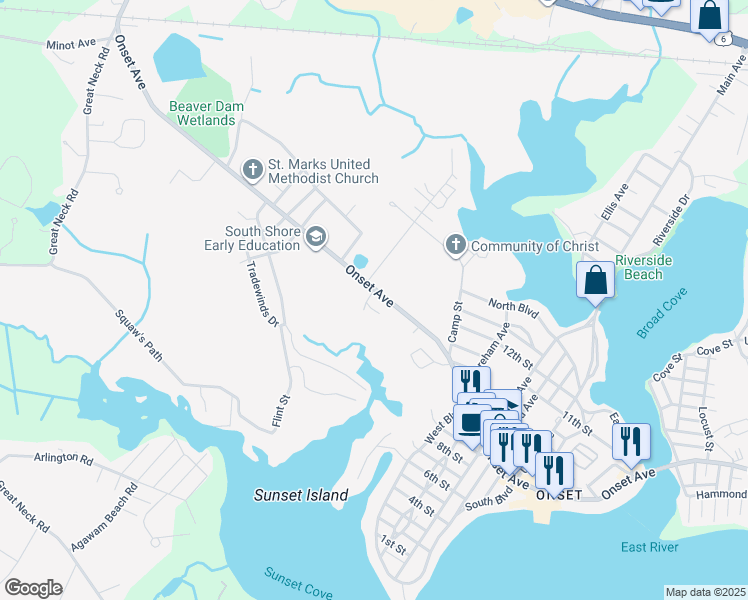 map of restaurants, bars, coffee shops, grocery stores, and more near 294 Onset Avenue in Wareham