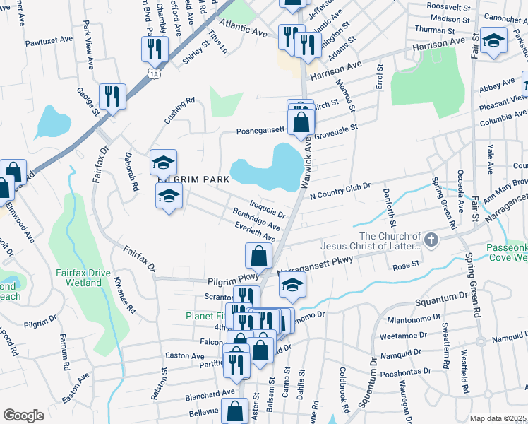 map of restaurants, bars, coffee shops, grocery stores, and more near 27 Iroquois Drive in Warwick
