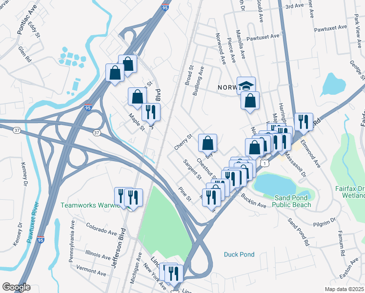map of restaurants, bars, coffee shops, grocery stores, and more near 321 Chestnut Street in Warwick