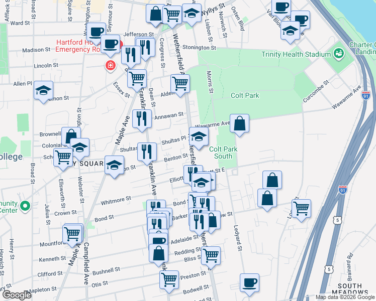 map of restaurants, bars, coffee shops, grocery stores, and more near in Hartford