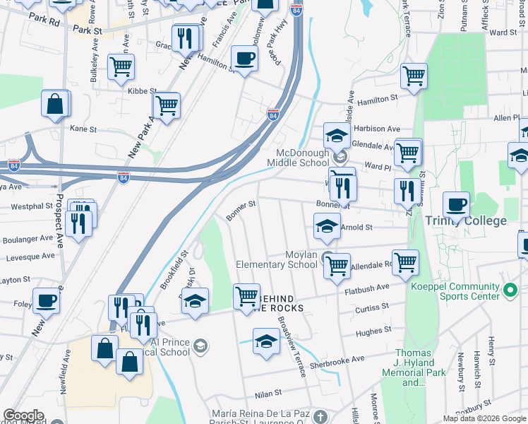 map of restaurants, bars, coffee shops, grocery stores, and more near 215 Saybrooke Street in Hartford
