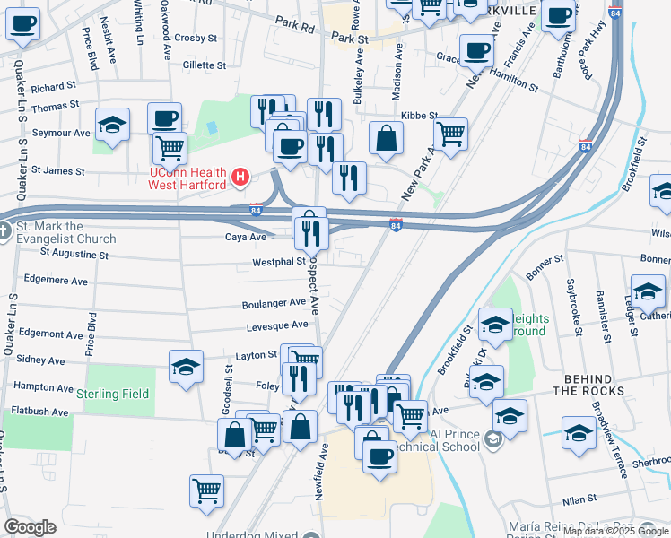 map of restaurants, bars, coffee shops, grocery stores, and more near 27 Merrill Street in Hartford
