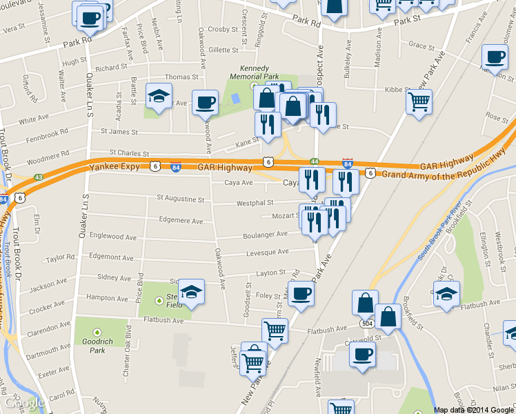 map of restaurants, bars, coffee shops, grocery stores, and more near 71 Westphal Street in West Hartford