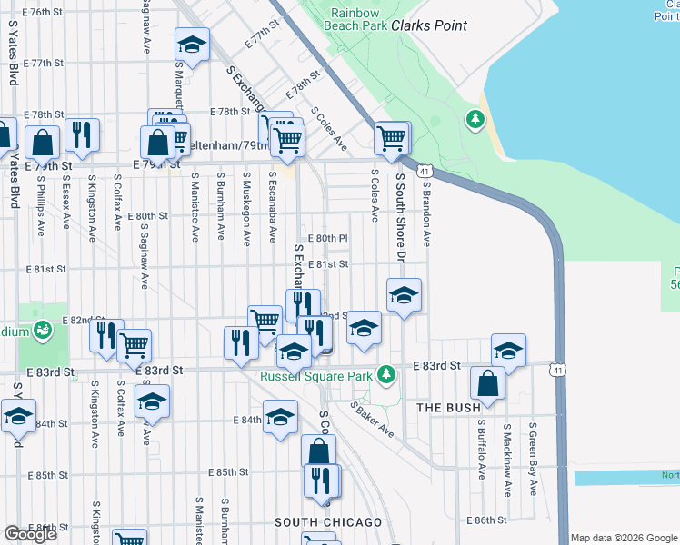 map of restaurants, bars, coffee shops, grocery stores, and more near 8104 South Houston Avenue in Chicago
