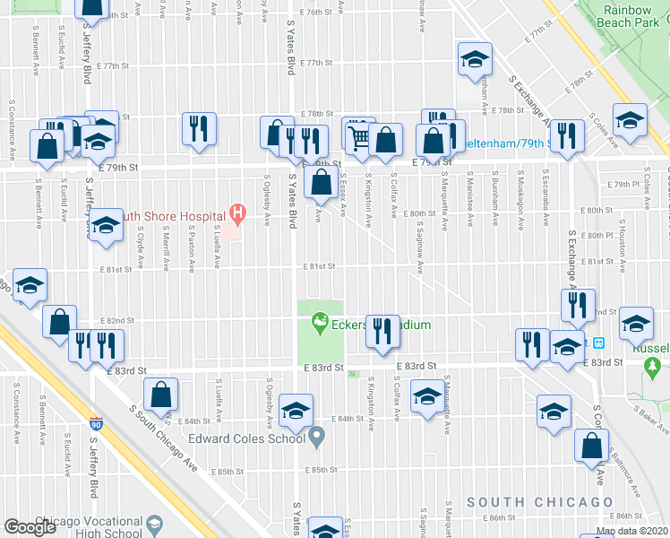 map of restaurants, bars, coffee shops, grocery stores, and more near 8102 South Essex Avenue in Chicago