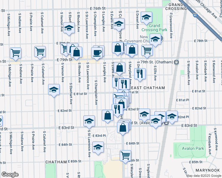 map of restaurants, bars, coffee shops, grocery stores, and more near 8049 South Evans Avenue in Chicago