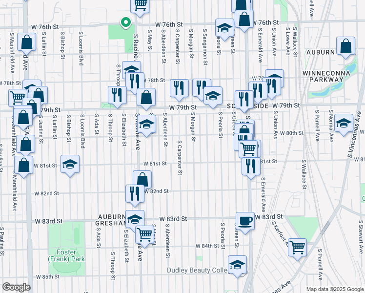 map of restaurants, bars, coffee shops, grocery stores, and more near 8021 South Carpenter Street in Chicago