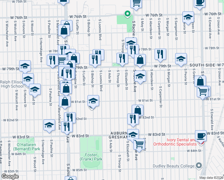 map of restaurants, bars, coffee shops, grocery stores, and more near 8019 South Ada Street in Chicago