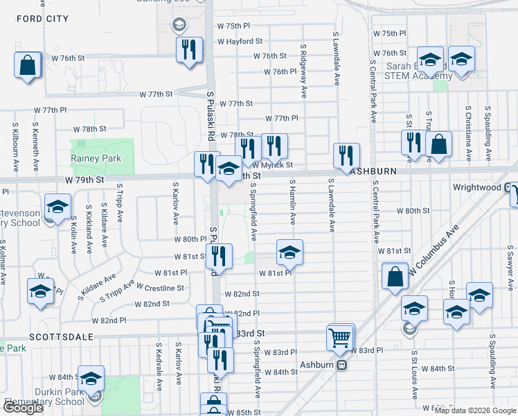 map of restaurants, bars, coffee shops, grocery stores, and more near 3836 West 80th Street in Chicago