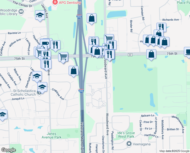 map of restaurants, bars, coffee shops, grocery stores, and more near 7512 Orchard Lane in Woodridge