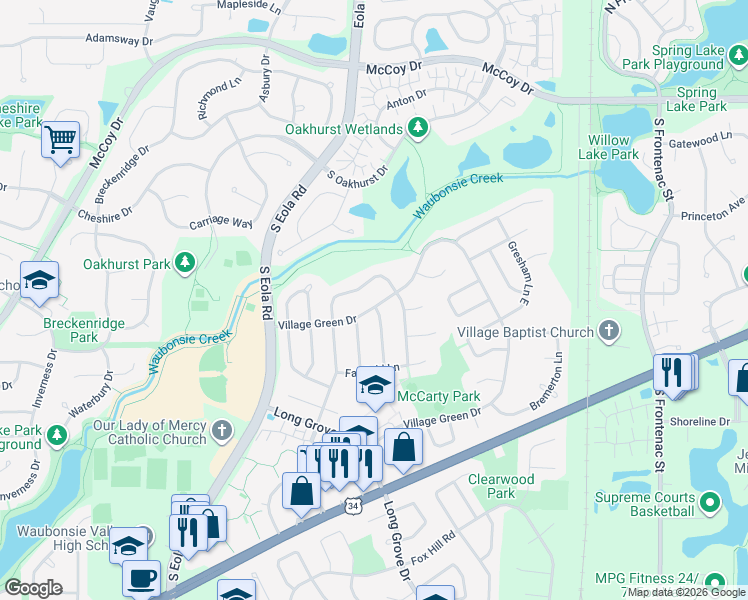 map of restaurants, bars, coffee shops, grocery stores, and more near 3189 Village Green Drive in Aurora