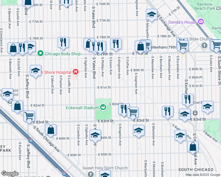 map of restaurants, bars, coffee shops, grocery stores, and more near 8102 South Essex Avenue in Chicago