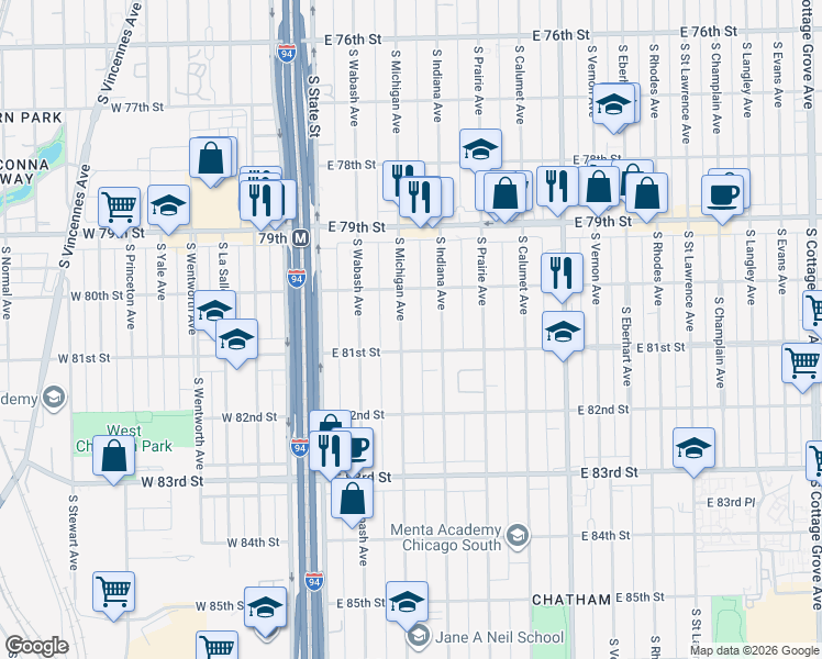 map of restaurants, bars, coffee shops, grocery stores, and more near 8039 South Michigan Avenue in Chicago