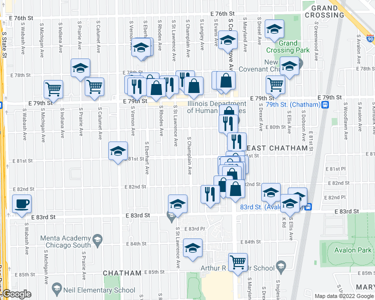 map of restaurants, bars, coffee shops, grocery stores, and more near 8046 South Champlain Avenue in Chicago