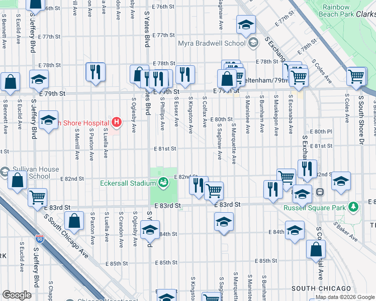 map of restaurants, bars, coffee shops, grocery stores, and more near 8100 South Kingston Avenue in Chicago