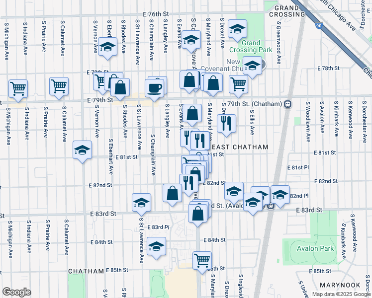 map of restaurants, bars, coffee shops, grocery stores, and more near 8049 South Evans Avenue in Chicago