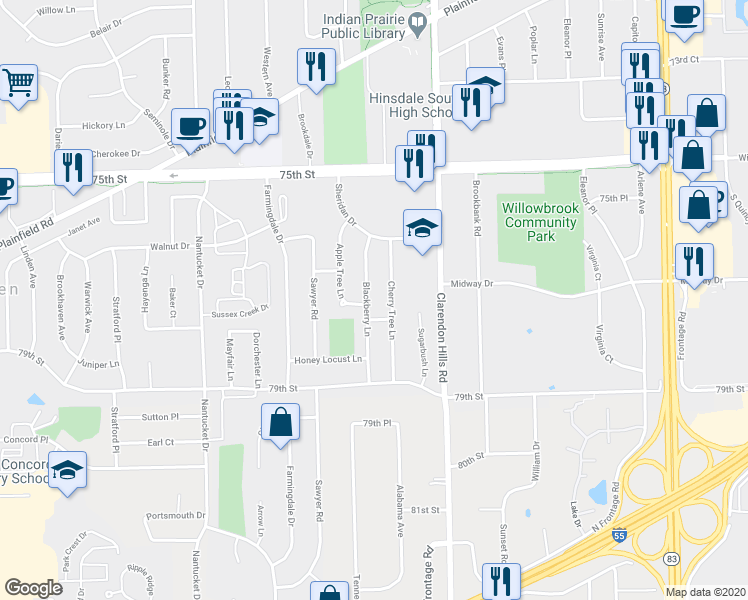 map of restaurants, bars, coffee shops, grocery stores, and more near 7713 Blackberry Lane in Willowbrook