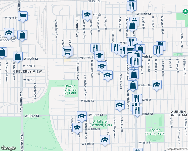 map of restaurants, bars, coffee shops, grocery stores, and more near 8013 South Wolcott Avenue in Chicago