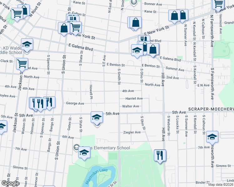 map of restaurants, bars, coffee shops, grocery stores, and more near 407 South Smith Street in Aurora