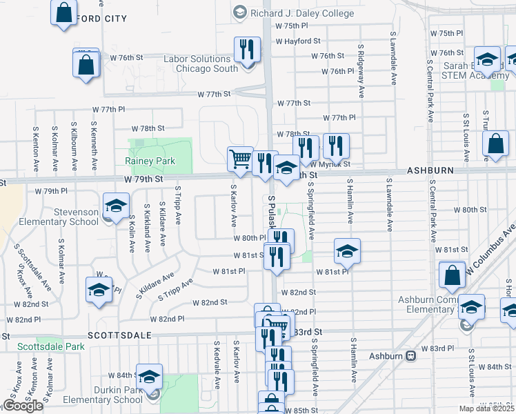 map of restaurants, bars, coffee shops, grocery stores, and more near 7947 S Komensky Ave in Chicago