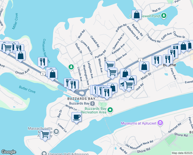 map of restaurants, bars, coffee shops, grocery stores, and more near 12 Center Avenue in Bourne