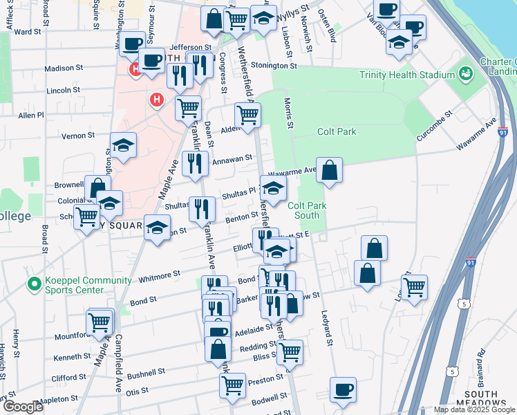 map of restaurants, bars, coffee shops, grocery stores, and more near 281 Wethersfield Avenue in Hartford