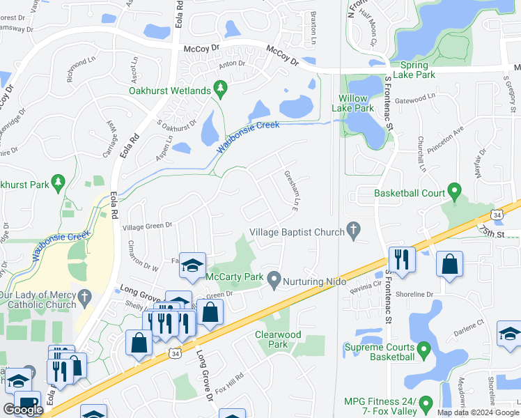 map of restaurants, bars, coffee shops, grocery stores, and more near 3122 Eugene Lane in Aurora