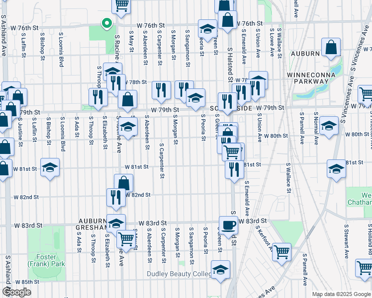 map of restaurants, bars, coffee shops, grocery stores, and more near 8022 South Sangamon Street in Chicago